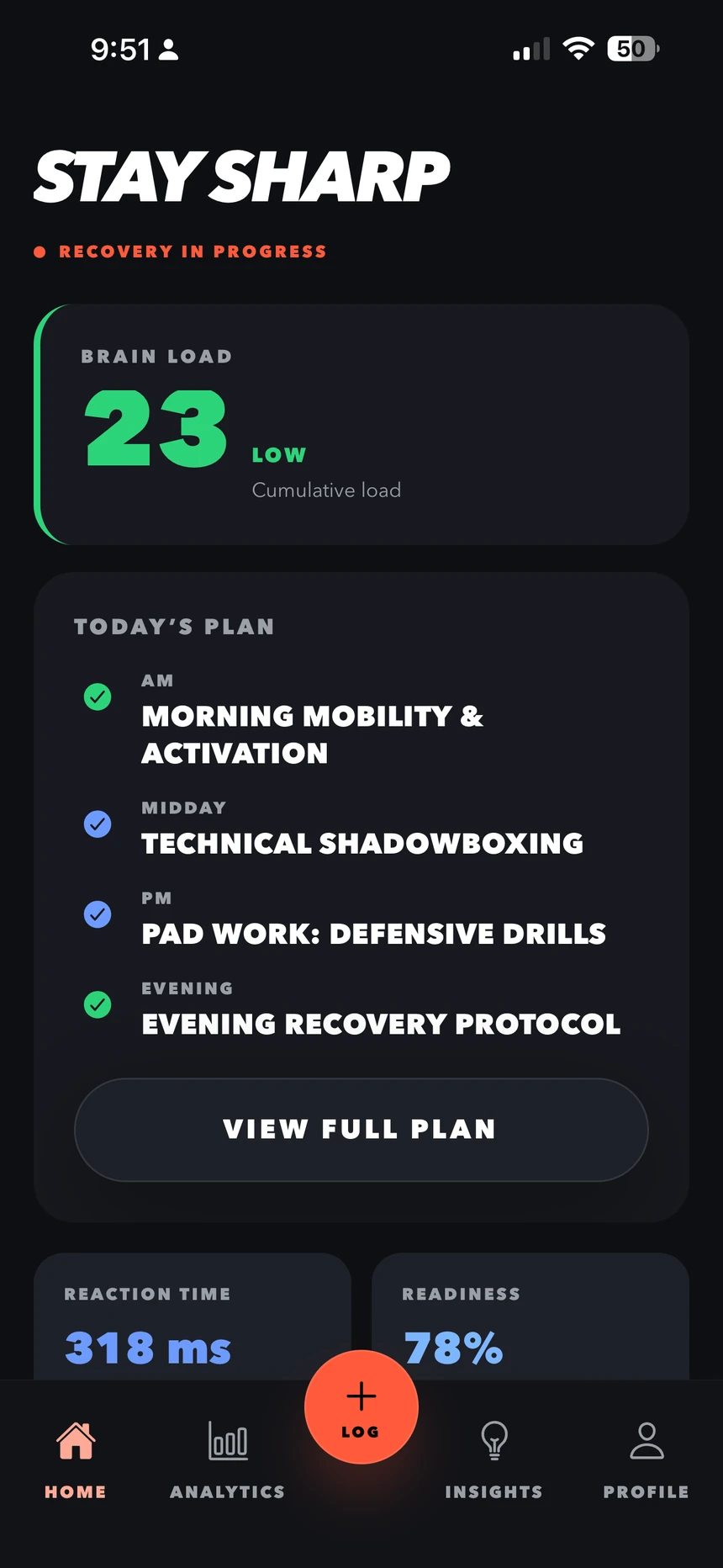 NeuroFight app home screen showing brain load, today's training plan, reaction time, and readiness